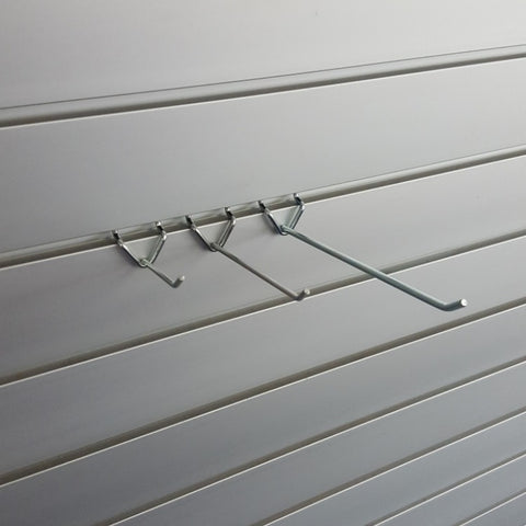 A single prong storage hook with a light duty design, shown mounted on aluminium slatwall.