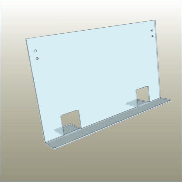 A large wall mounted clear acrylic print display shelf on a gold backgrounf