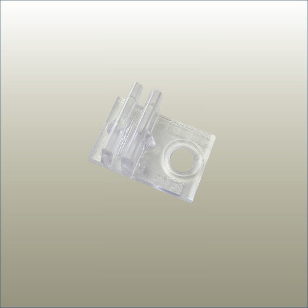 Single plastic bracket clip securing a slotted shelf bracket into a Plankwall slotted wall channel for retail display systems.