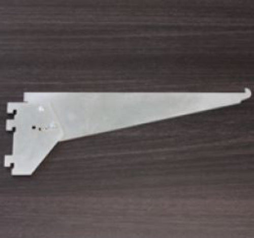 Adjustable slotted shelf bracket supporting a shelf in a modular retail display and commercial wall shelving system.