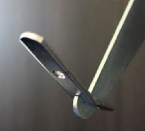 Side view of adjustable slotted shelf bracket showing tilt mechanism for angled retail and commercial shelving displays.