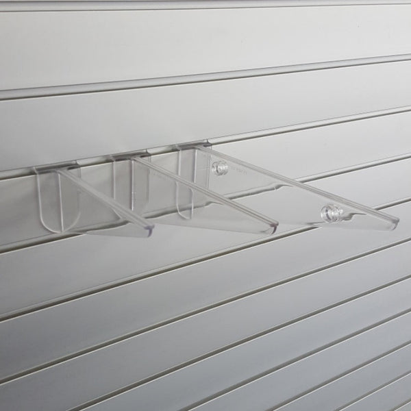 Clear polycarbonate shelf bracket for slatwall shelving – Plankwall