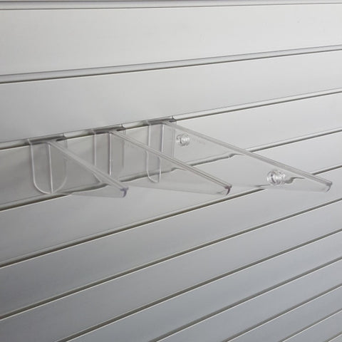 Clear polycarbonate shelf bracket for slatwall shelving – Plankwall