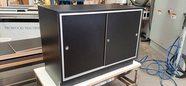 Custom black cabinet with sliding doors 