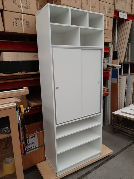 Custom storage cabinet with open sheving and sliding doors