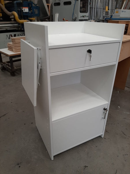 Custom small retail counter with hinged shelf