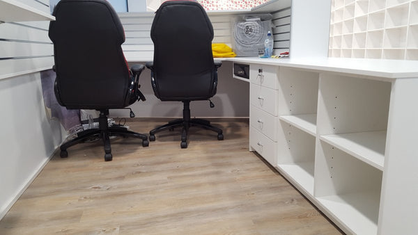Custom Requests: full reception desk fitout with slatwall, drawers and storage