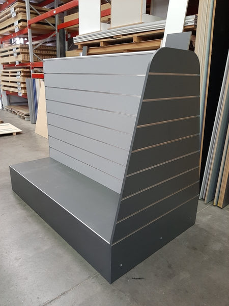 Custom grey and white slatwall display unit 