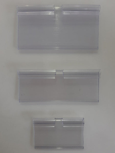 photo of  three different sized clip-in pvc retail ticket holder to be used on flip ticket single or double prong hook 