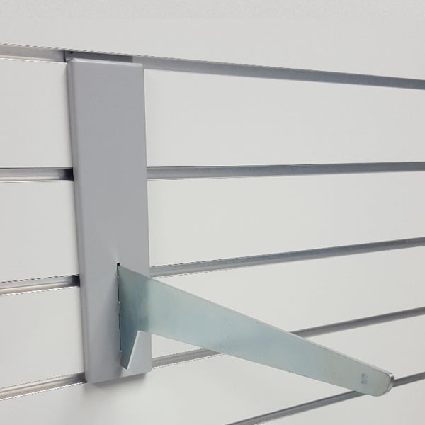 Heavy use shelf bracket and back plate set for Plankwall panels, featuring zinc-plated slotted bracket and powder-coated grey steel plate