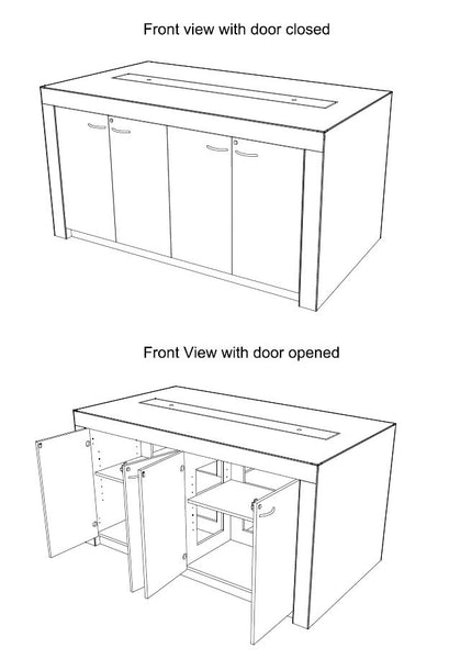 An illustration of a electronics retail display table with lockable storage cupboards, a central powerbox panel and stickman edging.