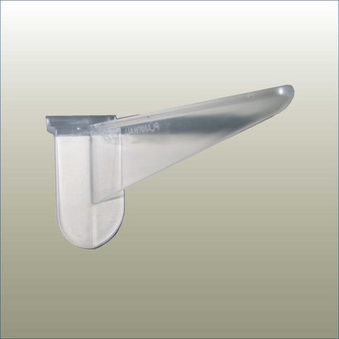 Plankwall® clear 10° sloping slatwall shelf bracket in polycarbonate for angled retail and commercial display shelving