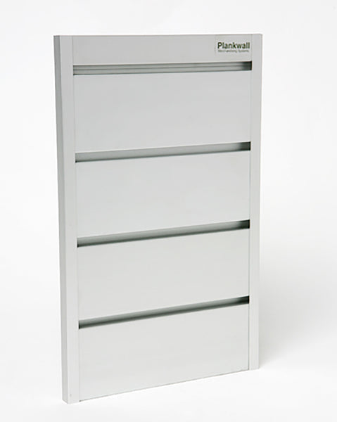 Close-up of 75mm groove spacing on Plankwall® All-Ali aluminium slatwall panel.Slatwall - 75mm pitch