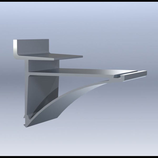 technical close up rendering of Plankwall aluminium shelf bracket on grey gradient background