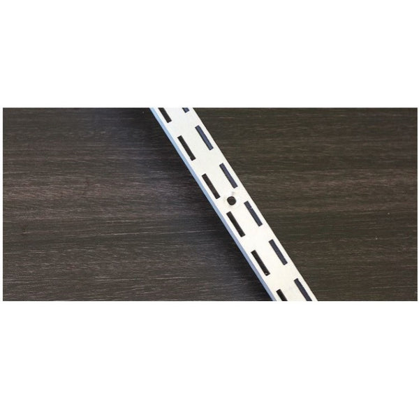 Shown here is Plankwall aluminium double slotted wall channel to support slotted shelf brackets in retail display walls.