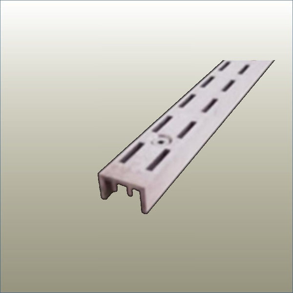 Plankwall slotted wall channel to support slotted shelf brackets in retail display walls in natural finish aluminium.