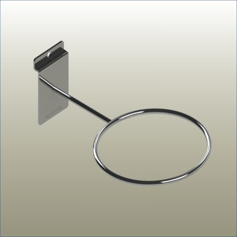 Close-up of chrome slatwall ball display bracket designed for basketball and sports ball display