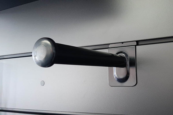 Front, side view of Plankwall heavy-duty straight arm display bracket in black powder-coated finish.