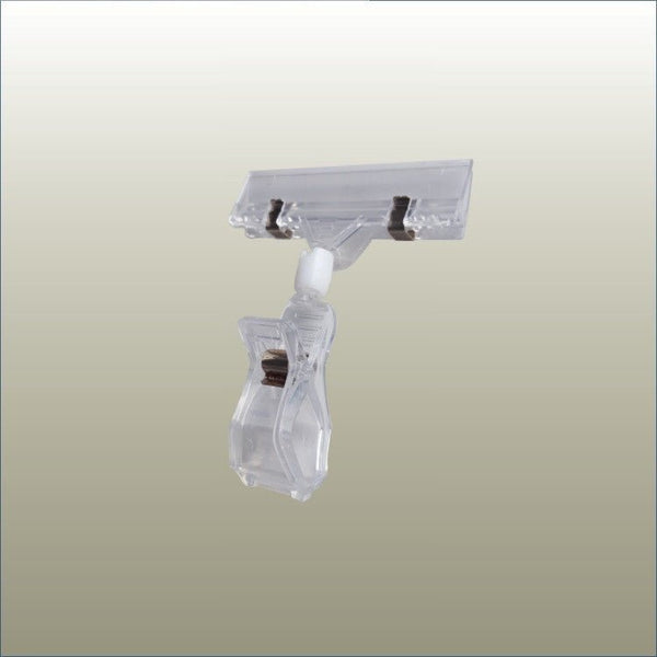 Plankwall Card Clip clamped to 30mm tube holding a retail sign for clear price and product information display