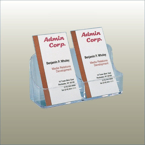 Clear business card holder displayed on a reception desk for office use