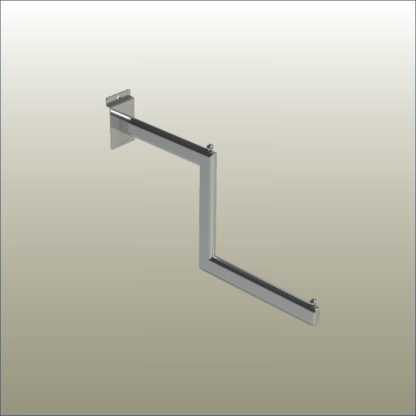 Cranked arm display bracket creating tiered hanging for improved visual merchandising on Plankwall slatwall retail display wall.