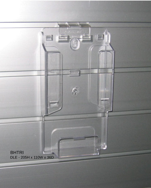 Plankwall clear acrylic DLE trifold brochure holders with slatwall mounting clips attachment on grooved display panels