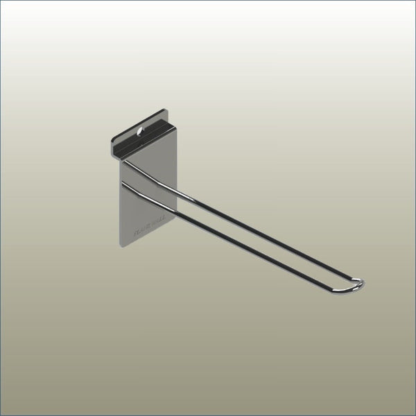 Plankwall double prong heavy duty slatwall hook used for organised retail merchandise display on slatwall panels