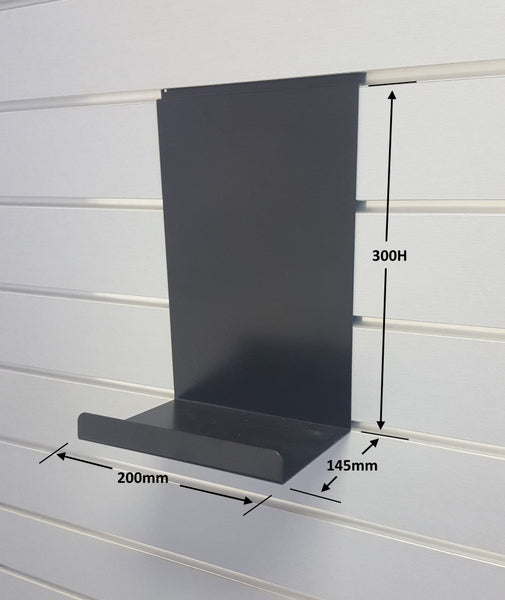 photo of  golf ball display shelf shown integrated into a Plankwall slatwall with the dimensions