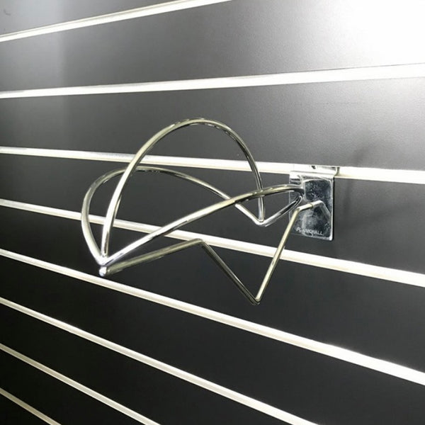 Plankwall wireframe hat display bracket for helmets and hard hats mounted on slatwall retail display wall