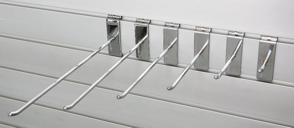 A variety of heavy duty single prong hooks in different sizes used for organised retail merchandising shown here on a Plankwall slatwall system or alternatively can be directly drilled into any display wall