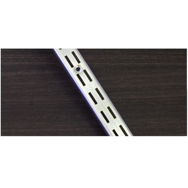 Mild steel slotted wall channel for retail shelving systems, designed to mount slotted shelf brackets in commercial display installations.