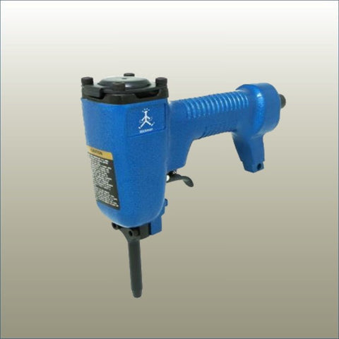 pneumatic panel punch used to fix Stickman aluminium profiles into MDF slatwall panel grooves during joinery fabrication