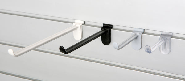 Polycarbonate hang sell prongs in black, clear, grey and white shown in multiple sizes for slatwall retail displays