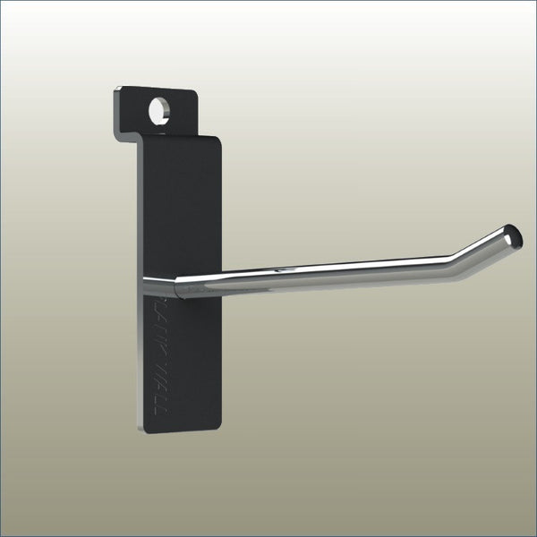 Plankwall single prong heavy duty hook for hanging packaged products on a slatwall retail display.