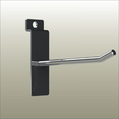 Plankwall single prong heavy duty hook for hanging packaged products on a slatwall retail display.