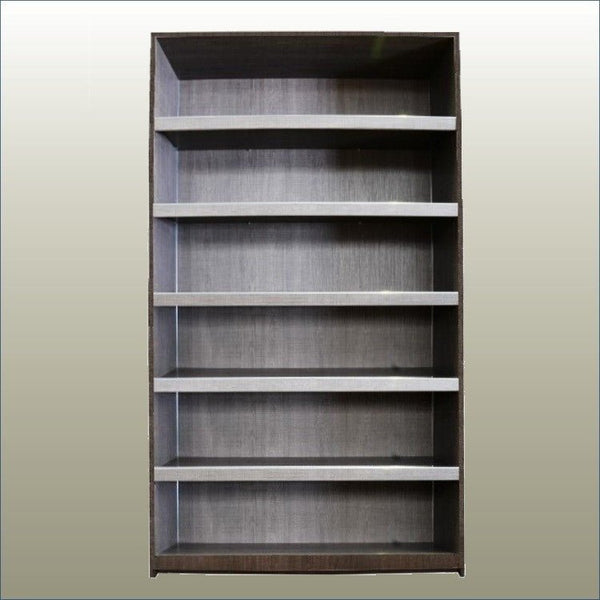 A cutout photo of a Plankwall Tall Display Cabinet in walnut wood finish with five shelves