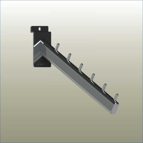 Plankwall chromed steel waterfall display arm with 6 pins for face-out garment merchandising on slatwall.