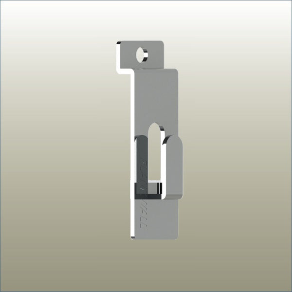 A silver picture hook with a chrome finish, designed to mount picture frames on slatwall