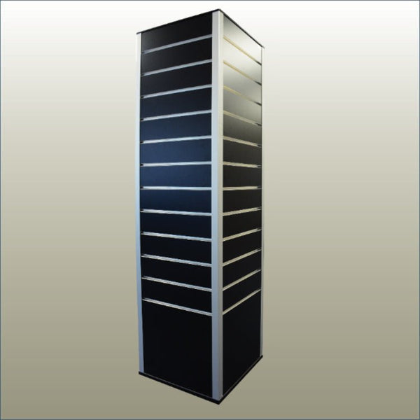 Plankwall's black slatwall rotating box display stand with hidden storage. 