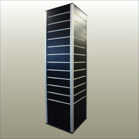 Plankwall's black slatwall rotating box display stand with hidden storage. 