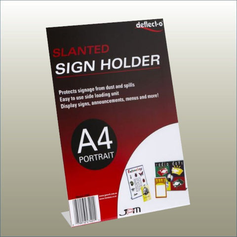 Angled acrylic sign holder sloping down displaying signage on a retail counter display