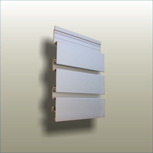 Close up of the Plankwall All Ali 50mm pitch Aluminium slatwall product on gold background