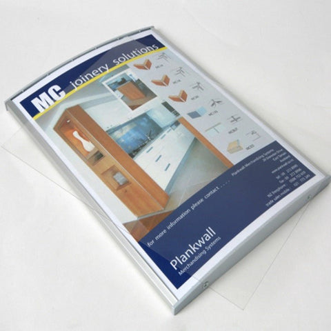 Plankwall radius poster frame mounted on slatwall, used for clean retail signage and header display in modular shopfit-out systems.