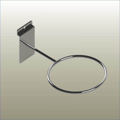 Close-up of chrome slatwall ball display bracket designed for basketball and sports ball display
