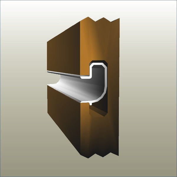 A 3D rendered image of a PVC J profile insert, primarily gray in color, placed in situation in a slatwall panel