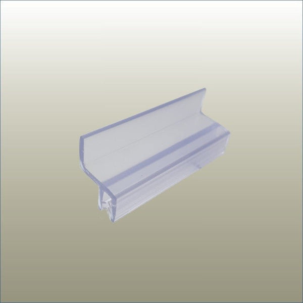 A clear acrylic friction fit clip designed for holding items in place within a slatwall display system.