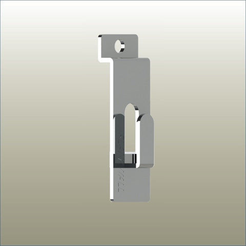 A silver picture hook with a chrome finish, designed to mount picture frames on slatwall