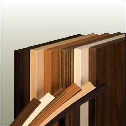 Wooden panel edge banding samples in various finishes on a neutral background