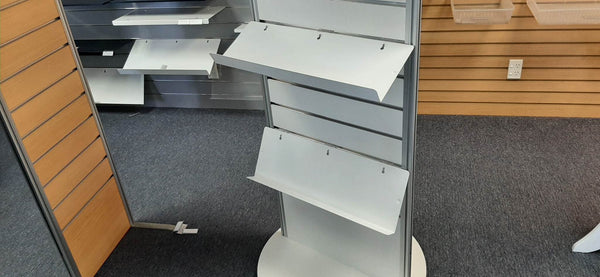 photo of retail stand with sloping metal shelves
