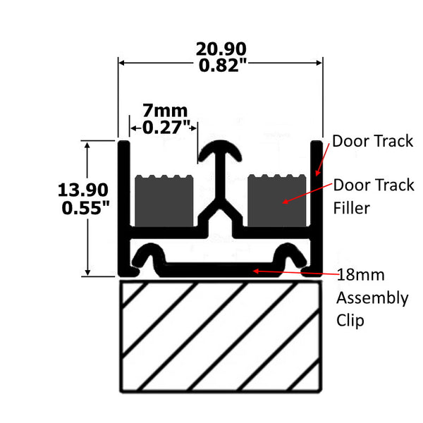 technical drawing showing details and measurements for the Plankwall door track system